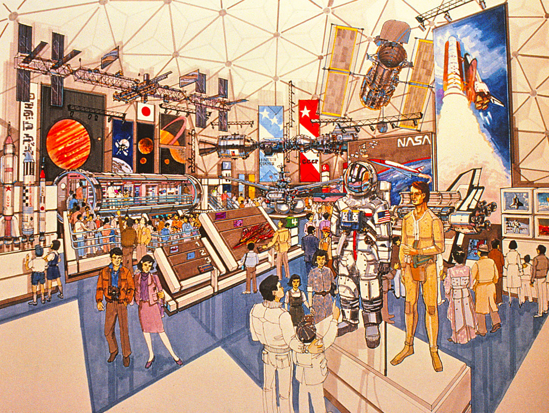 Concept marker drawing by Alex Sarkis showing people viewing the exhibit inside the dome.