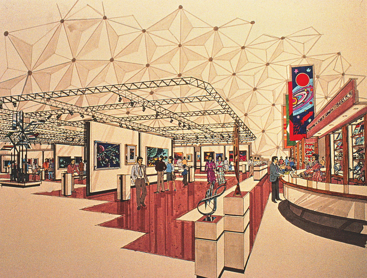 Detailed colored drawing done by Alex Sarkis of the inside of the Space Art Gallery at ground level, 
        featuring people looking at the art and the gift shop to the right.