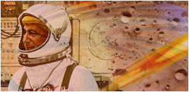 Painting of a cosmonaut in a helmet with a space exploration themed background.