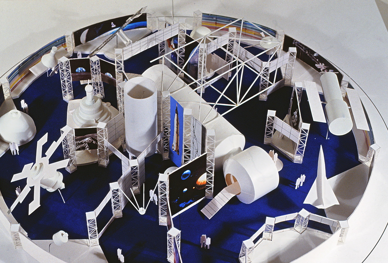 Photo of the exhibit model with no dome over it, taken from above, featuring the entrance side of the complex.