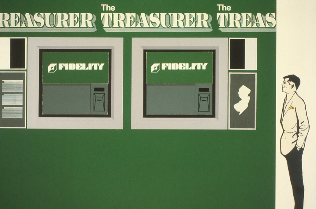 Drawing of The Treasurer script as it would appear appear above a pair of Automatic Teller Machines, 
        with a man standing beside them for perspective.