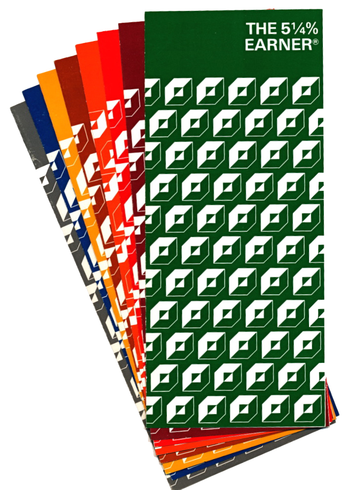 Several different color folders featuring a repeat logo pattern with The 5.25% earner written at top right, 
        fanned out to show all the different colors.