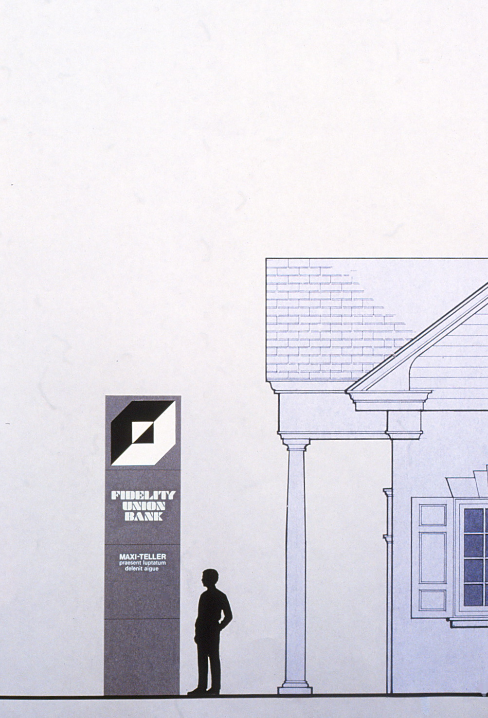 Elevation drawing featuring a pylon with logo and typface beside a typical bank branch structure with columns.