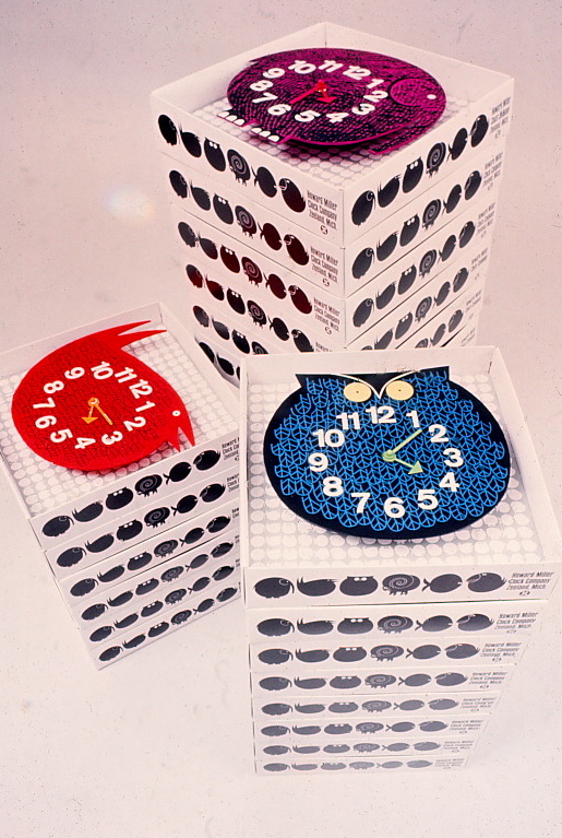 Packaging display showing stacks of boxes the clocks went in.