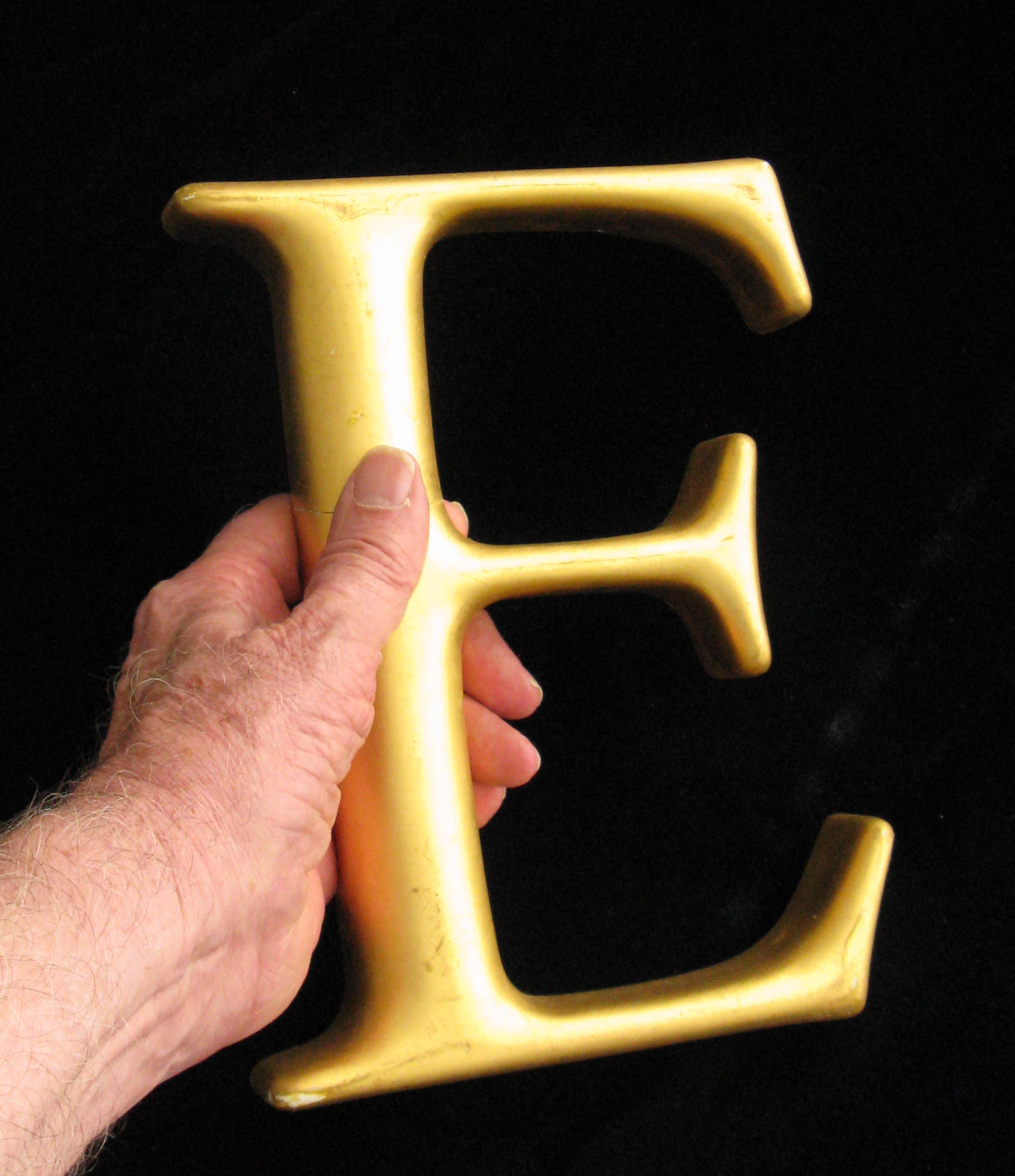 Left hand holding arge letter E in gold leaf.