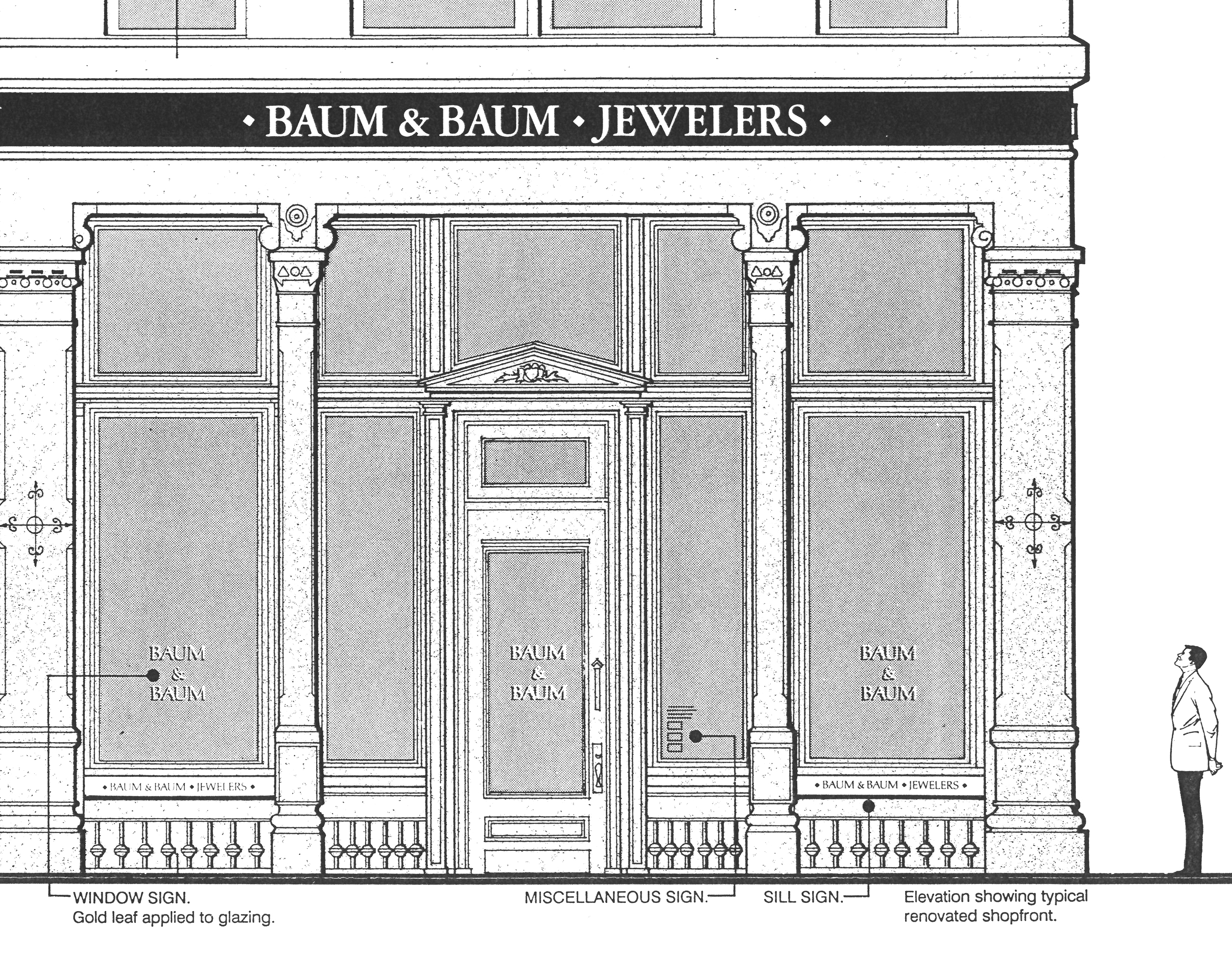 Drawing of storefron with signage.