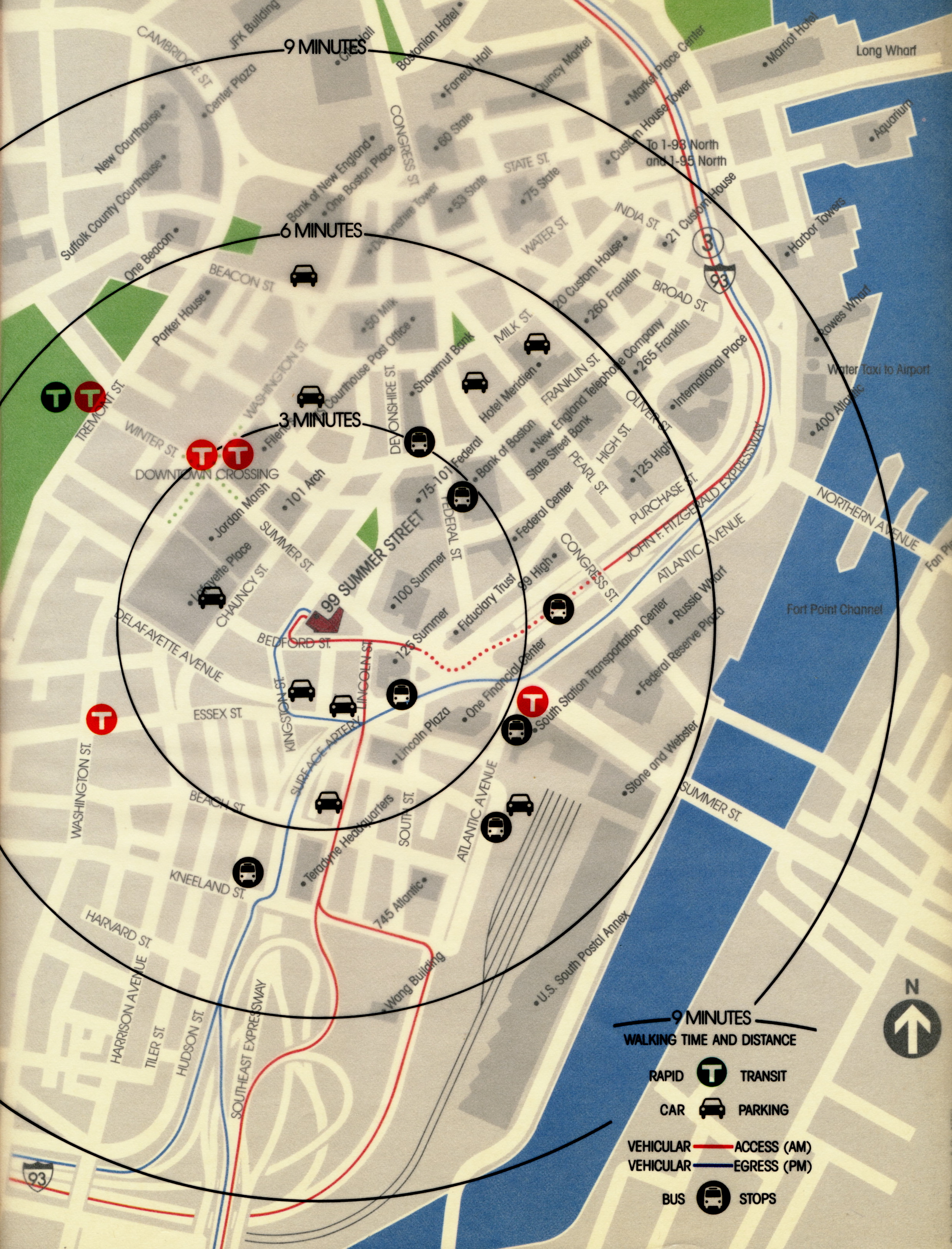 Two page spread of the area map with a translucent page with walking distances from the building.