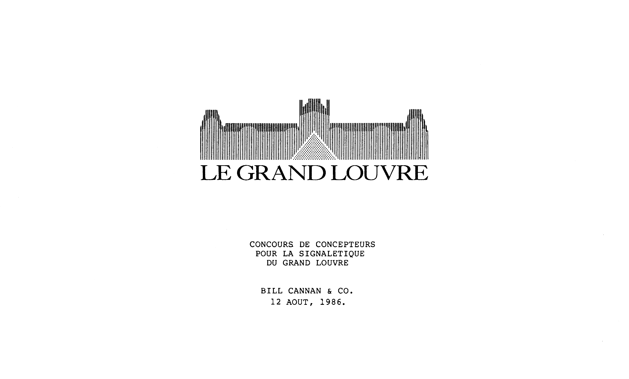 The cover of the Louvre Proposal Sketches Booklet, featuring the logo and dated August 12, 1986.