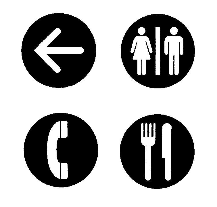 Symbols for various services, such as bathrooms and telephones