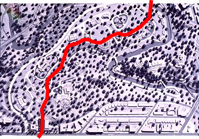 Map and plan of the Zoo's terrain with main artery 
  		identified in red