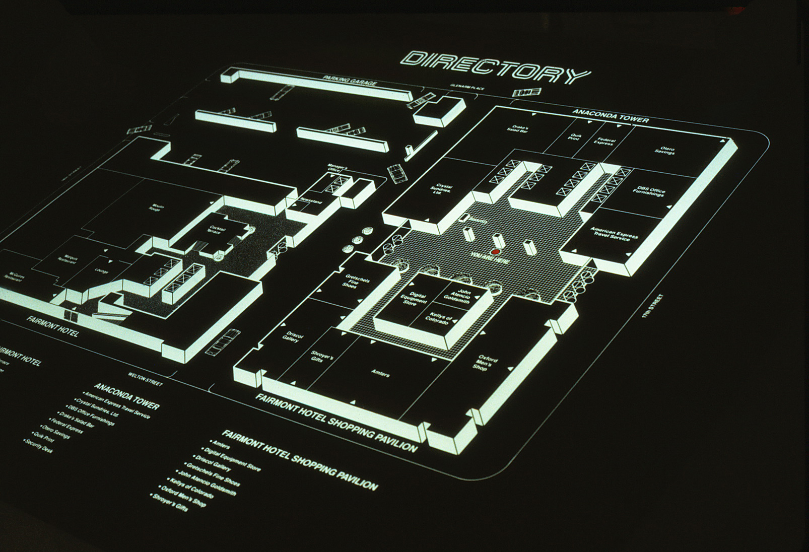 Overhead photo of the backlit map and directory.