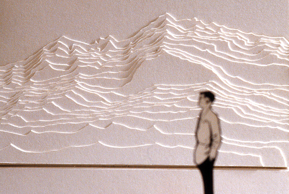 Model showing linear mountain range in three dimensions.