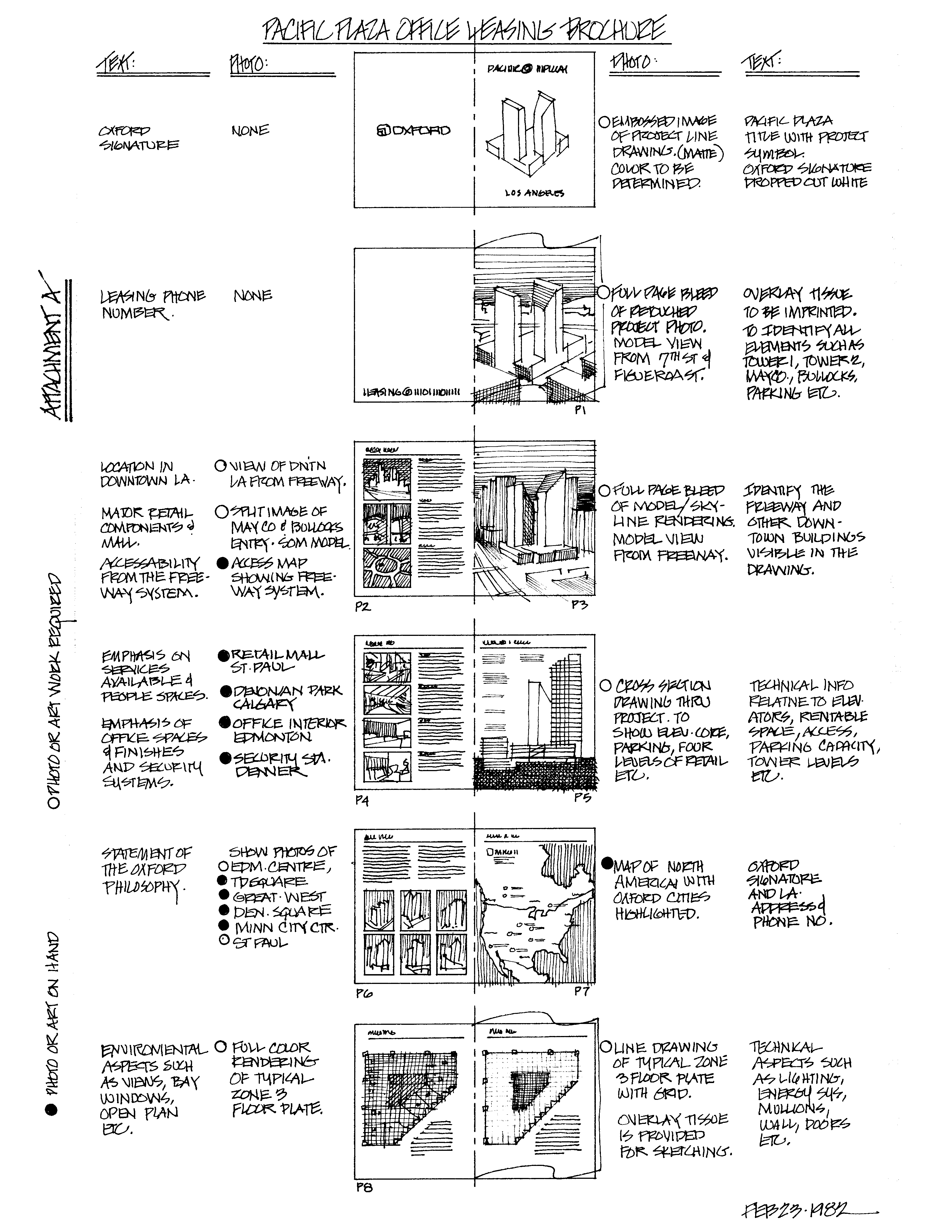 Hand sketched layout of what Oxford's marketing brochures would look like, featuring drawings of building images and text.