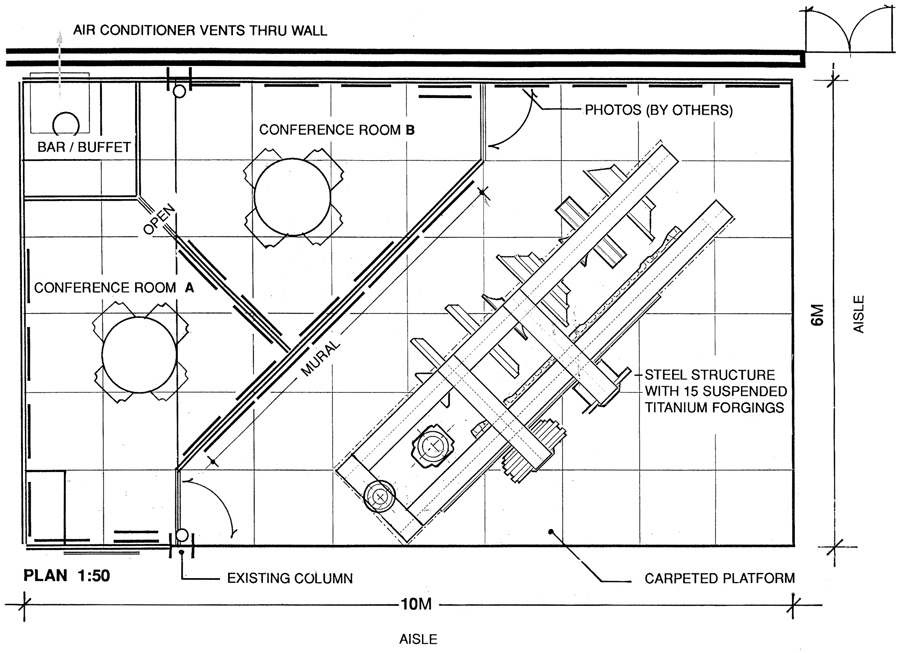 Original overhead sketch of the 1995 Paris Air Show Exhibit layout.