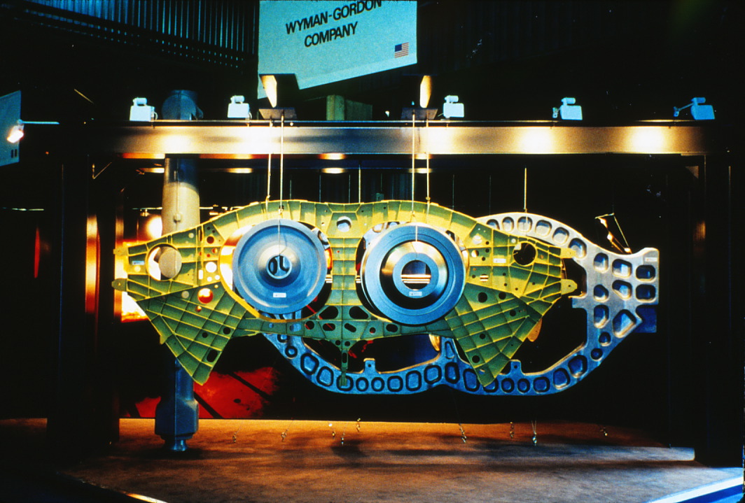 A hanging cross-section of an F-22 airframe and turbine assembly.