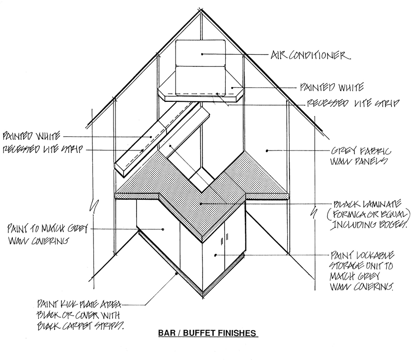 Original sketch of the mini bar and buffet area.