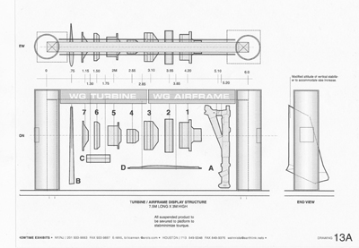 Drawing of the display of hanging jet engine components.