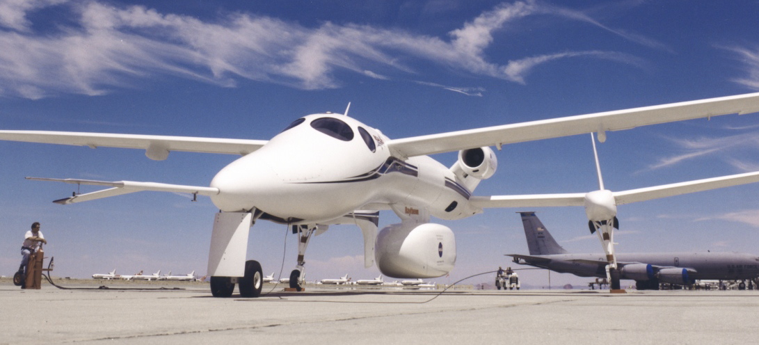 The Proteus plane on the runway, from underneath.