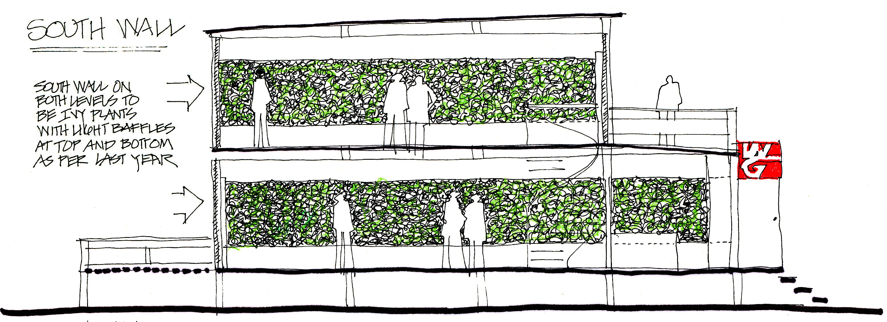 Drawing of the South wall of a chalet, including the ivy wall.